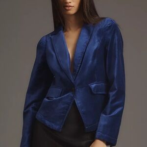 NWT Anthropologie Cropped Velvet Blazer L Large Blue